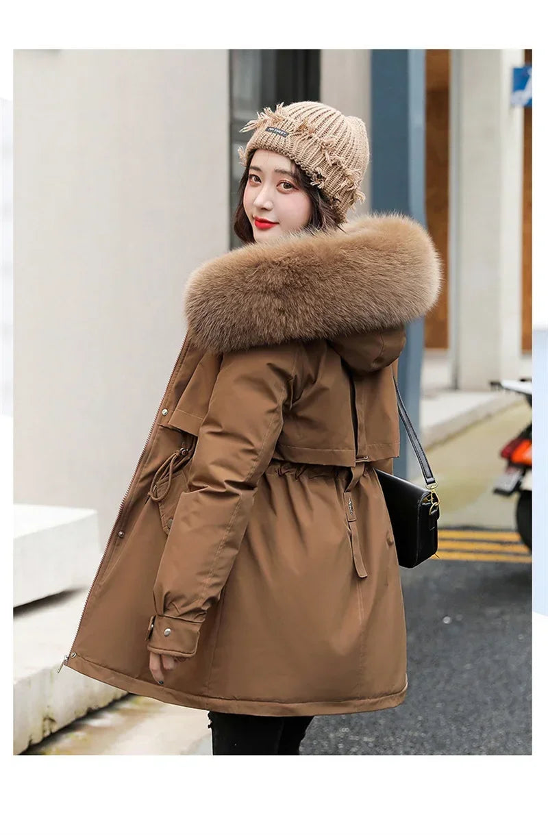 Winter Coat Low Price On Sale Women Beige Add Wool Thick Warmth Fur Hooded Parkas Jacket 2026 New Fashion Belt Slim Cotton Coat