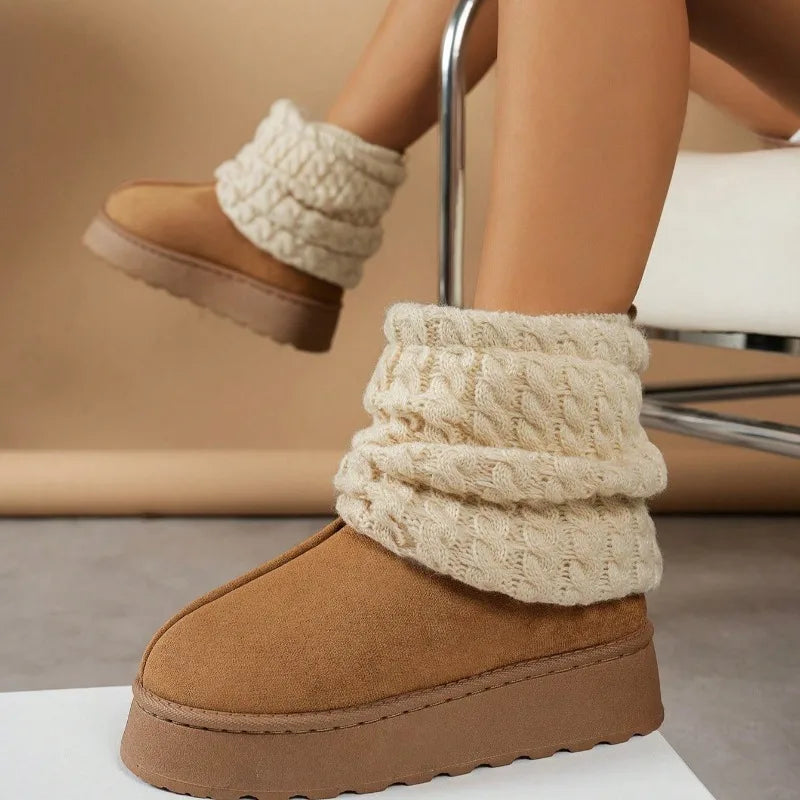 Winter Cute Warm Thick-Sole Comfortable Women's Boots Plush Lining Short Tube Slim Skid-Proof Knitted Sock Snow Boots