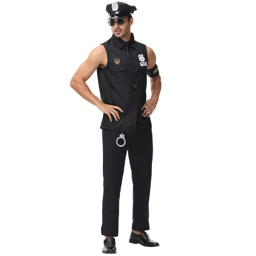 Adult Man America U.S. Police Costume Top Shirt Men Cop Cosplay Halloween Clothing Set