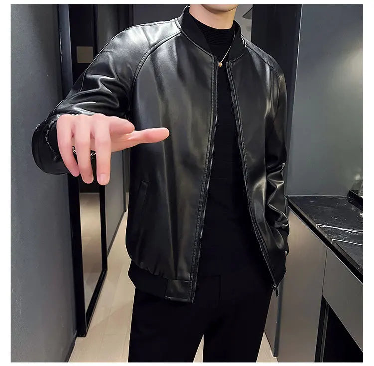 New Men's Faux Leather Jacket Motorcycle Biker Coat Stand Collar Zipper Slim Fit Casual Streetwear Outerwear