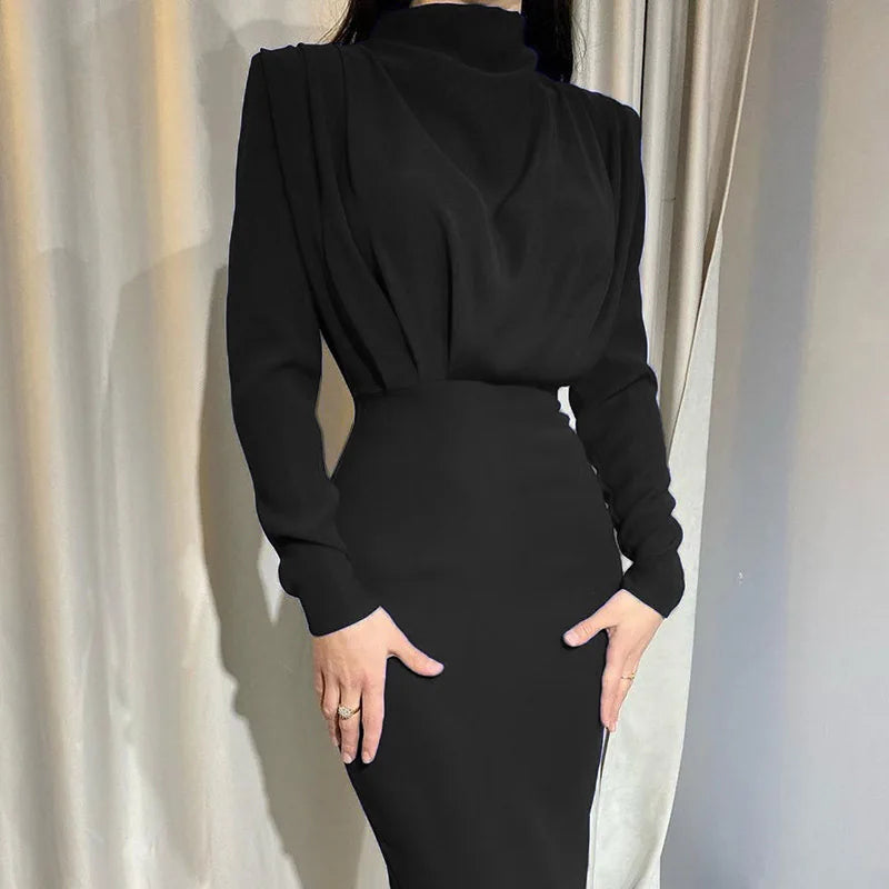 Women's Spring New Dresses with European and American Temperament, Waist Wrapped Solid Color Skirt, Long Sleeves, Round Neck