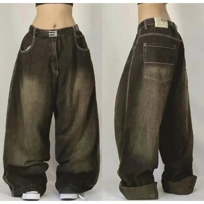 Fashion New Multi Pocket Washed Baggy Jeans Men And Women Low Waist Straight Leg Drawstring Closure High Elasticity Korean Style