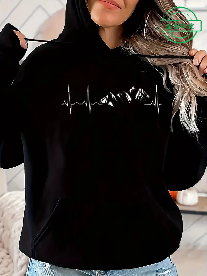 Mountain Print Women Hoodies Outdoor Climbing Hiking Graphic Hoodies Long Sleeve Top Outdoor Lovers Women's  Hooded Sweatshirts