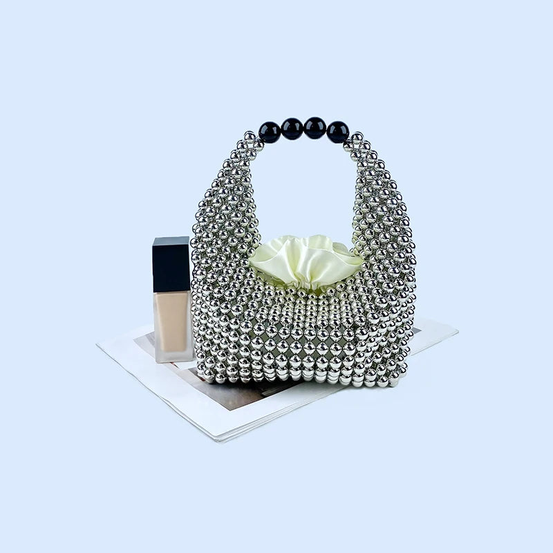 European and American high-end texture handmade silver beaded pillow bag, banquet bag, fashionable and versatile