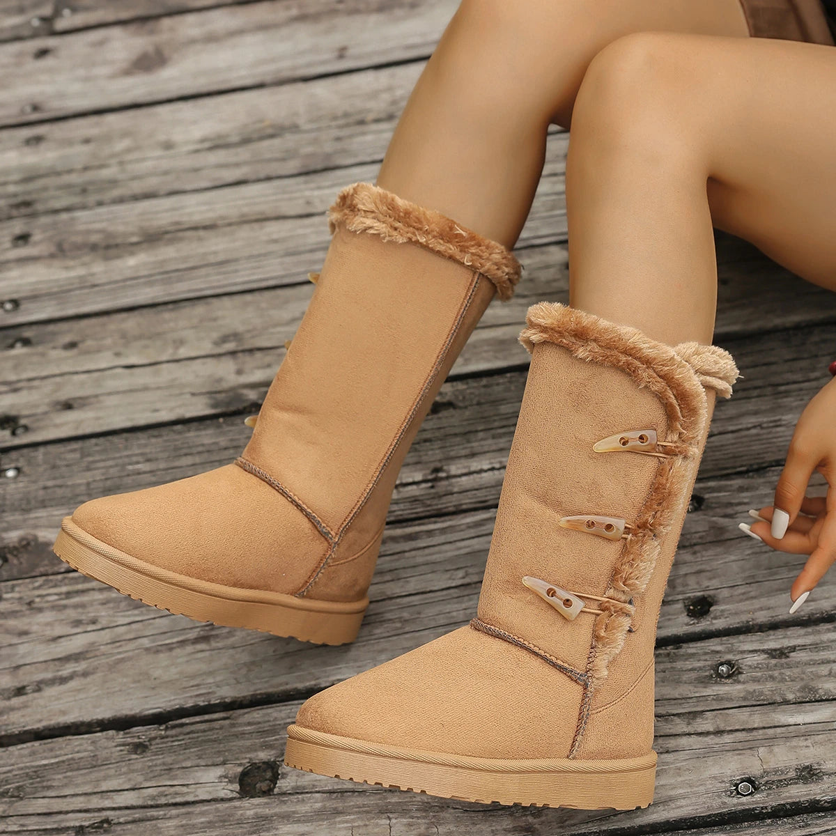 Women Snow Boots Winter Mid-calf Boots Warm Cotton Shoes Fashion Solid Color Button Ladies Brown Long Boots Plus Size 42