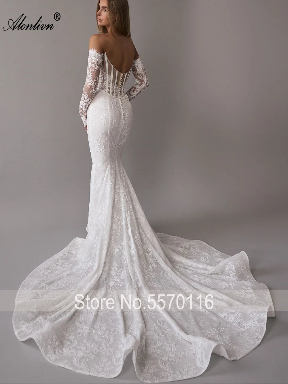 Alonlivn Customize Made Beauty Lace Fitted Beaded 2 In 1 Mermaid Wedding Gowns Trumpet Removable Train Bridal Gowns