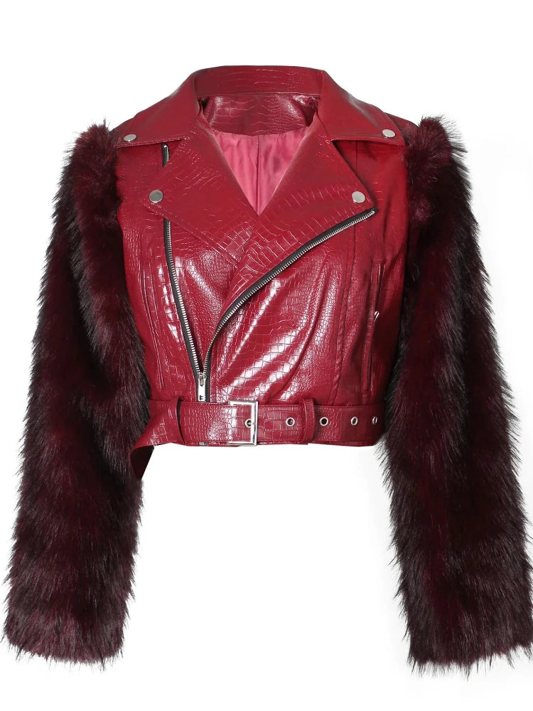Leosoxs Winter New Sexy Fur Leather Patchwork Jacket for Woman Motorcycle Lapel Zipper Crop Coat  Female Streetwear Clothing