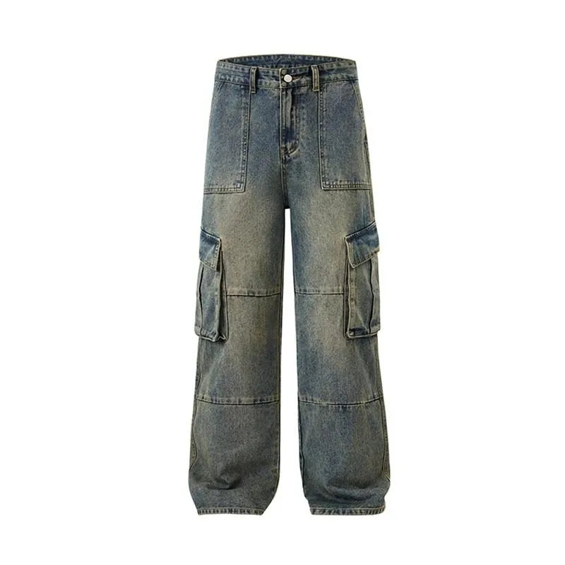 American Retro Street Multi-Pocket Patchwork Work Pants Loose Straight Leg Jeans for Men And Women Vibe Style Long Trousers