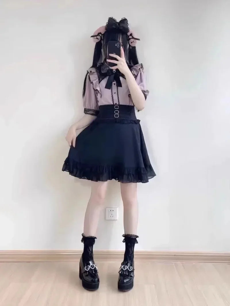 Jirai Kei Cosplay Costume Lolita Dress Blouse Y2K Kawaii Japanese Style Shirt Short Sleeve Pink Sweetheart Girl Halloween Party