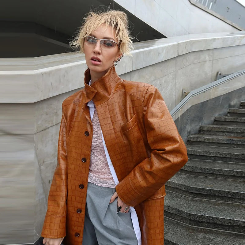 Fashion Croc Pattern PU Leather Women's Jacket Stand Collar Oversize Long Sleeve Chic Coat  2026 Autumn Winter New Daily Wear