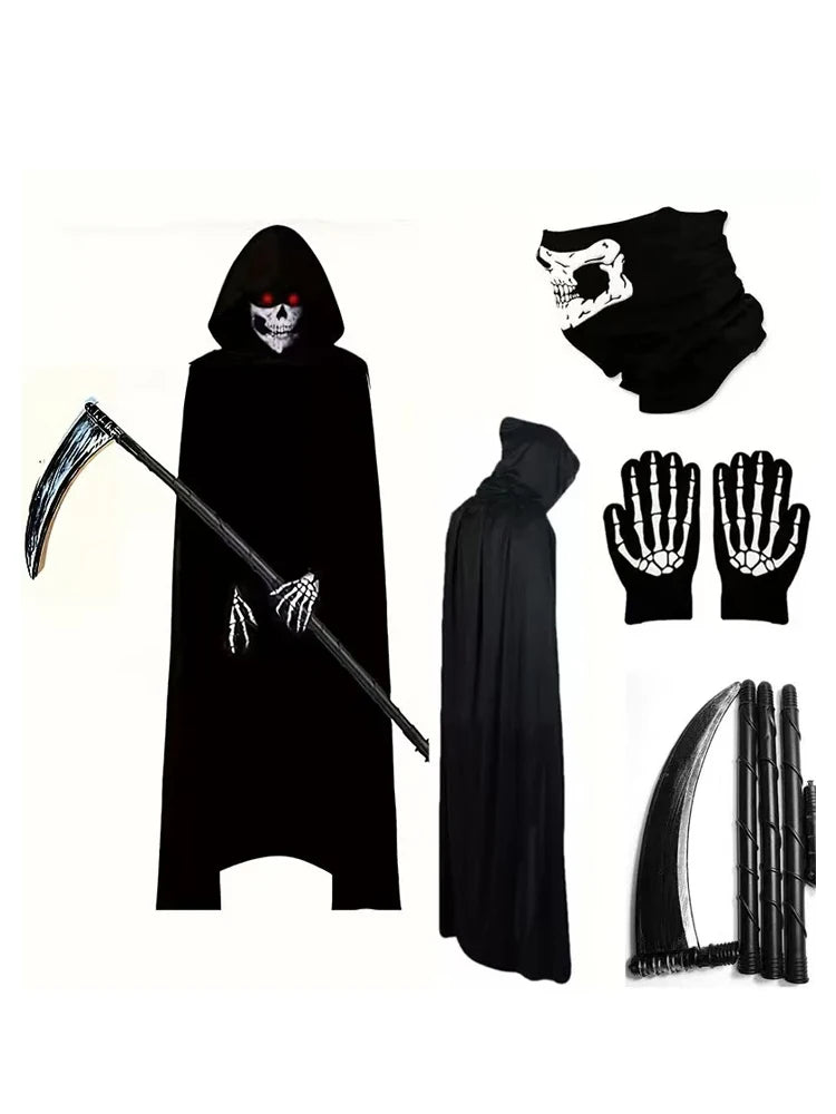 Terror Stitch Halloween Party Cosplay boy Adult Death Black Cloak, Halloween Death Skull Skeleton Ball Costume Prop Set