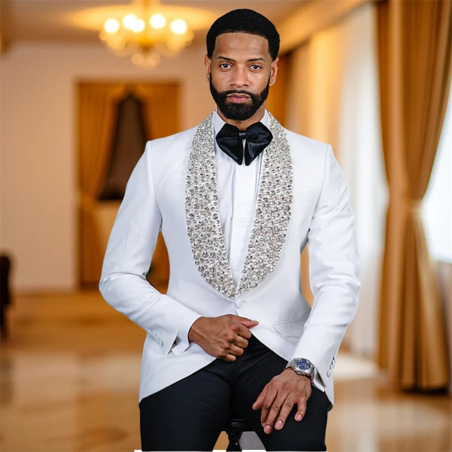 Bling Beaded Wedding Tuxedo for Men Slim Fit Male Fashion Suits Stunning 2 Pieces Suit Jacket with Pants Custom Made Costume