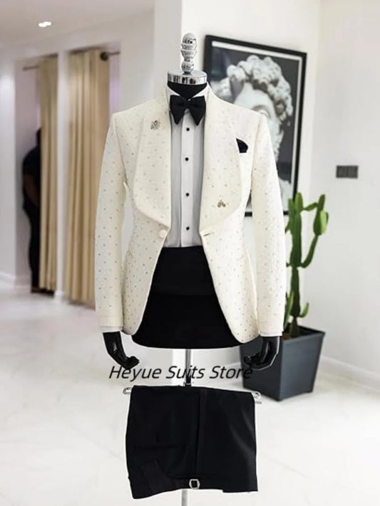 Slim Fit  Rhinestones Men Suits Fashion Customized Groom wedding Party Tuxedos 2 Picecs Sets Elegant Male Blazers Costumes Homme