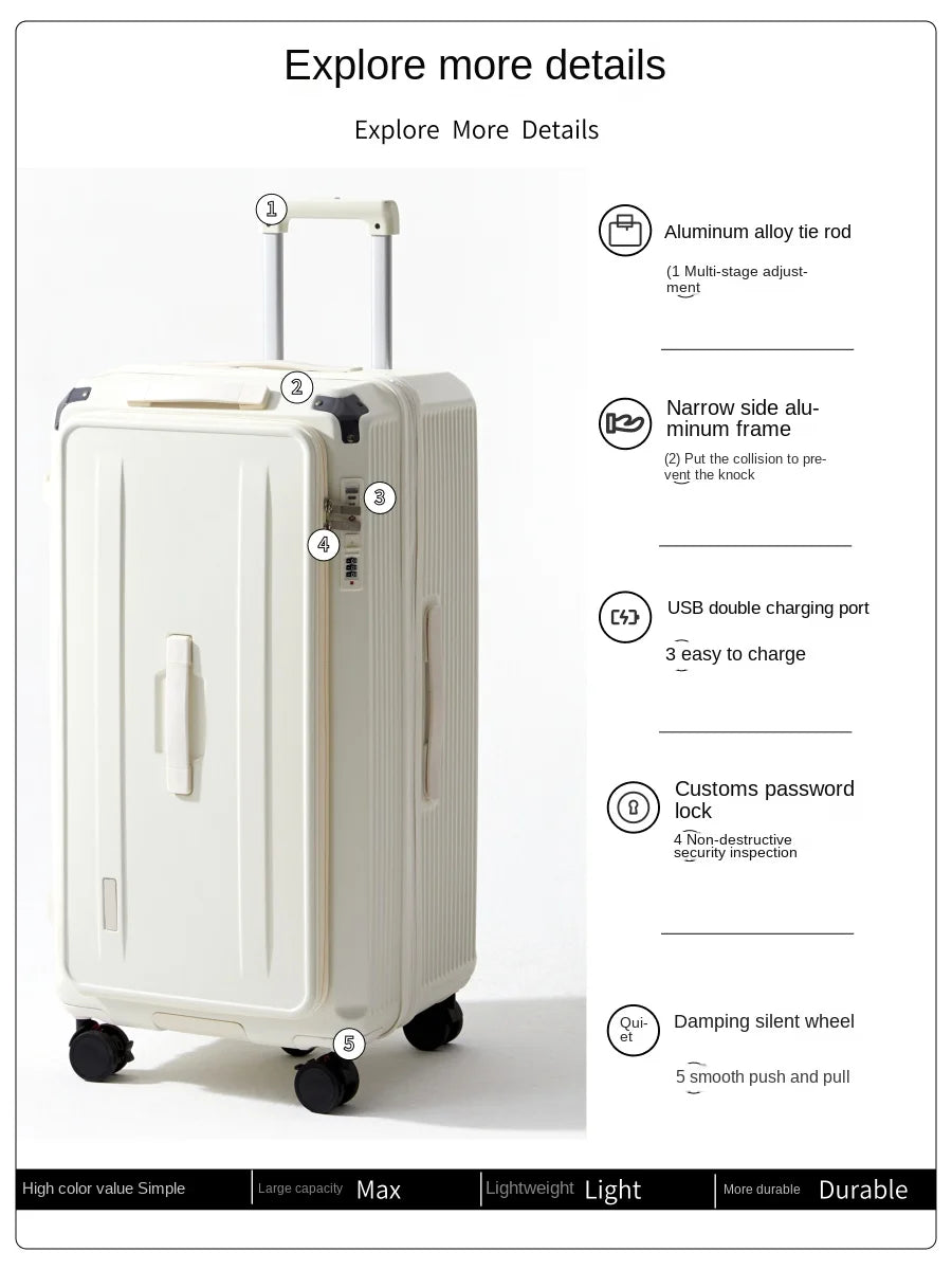 Side-Opening Suitcase 28 inch Large Capacity Expandable Luggage 24/26 Thickened Trolley Case 20 inch Boarding Box with 5 Wheels
