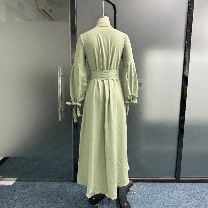 Elegant Dresses for Women Fashion Solid Lantern Sleeve Ruffle Hem Pocket Design Belt Maxi Dress Office Ladies Temperament Dress