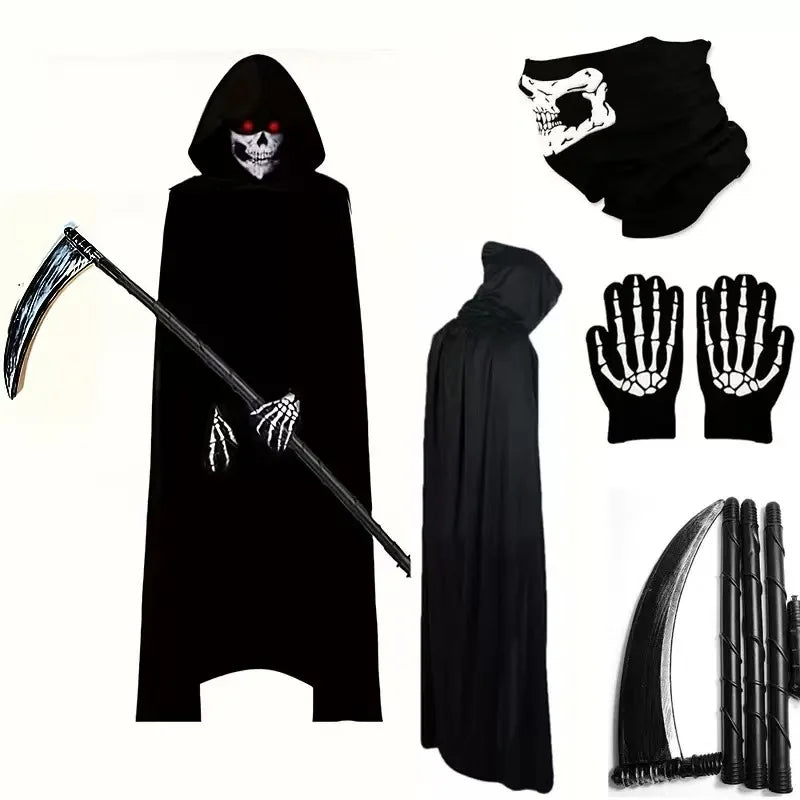 2026 Terror Stitch Halloween Party Cosplay boy Adult Death Black Cloak, Halloween Death Skull Skeleton Ball Costume Prop Set