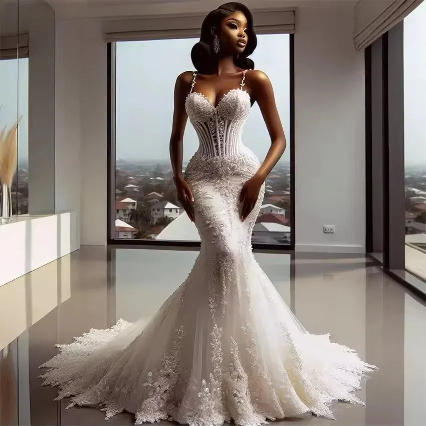 Customzied Exquisite Lace Mermaid Wedding Gown Luxury Bride Robe Evening Dress Corset Spaghetti Straps Vestido De Novia
