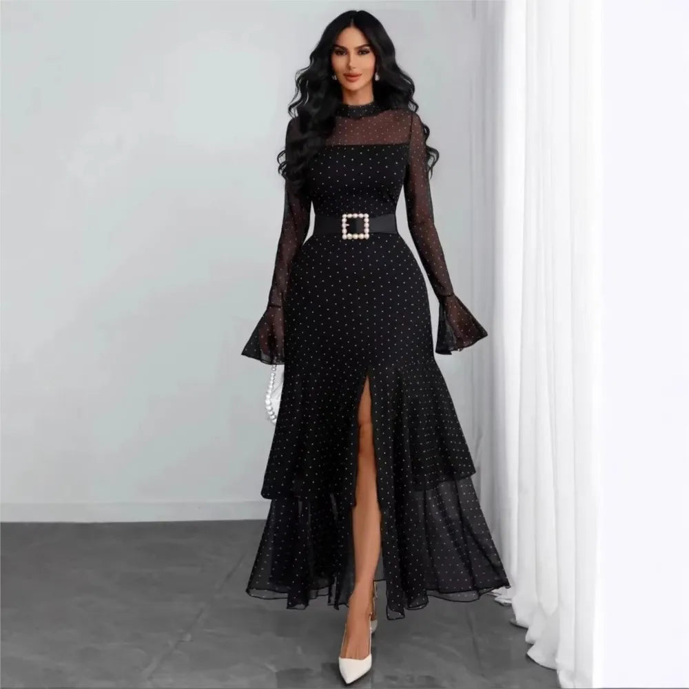 2026 Long Sleeves Evening Dress Dresses For Woman Party Wedding Temperament Sexy Slim Banquet Slit Printed Fashion Ruffles Slim