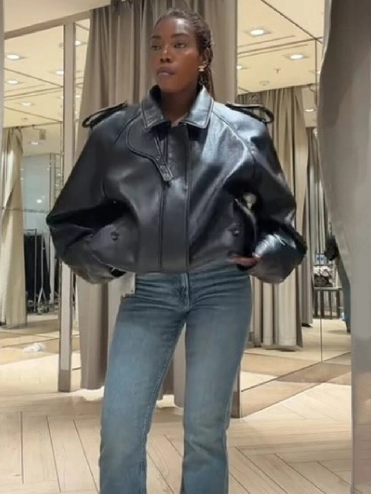 Vintage Black Faux Leather Moto Jacket Women Stand High Collar Design Oversized Cropped Biker Coat Street Fashion Outerwear 2026