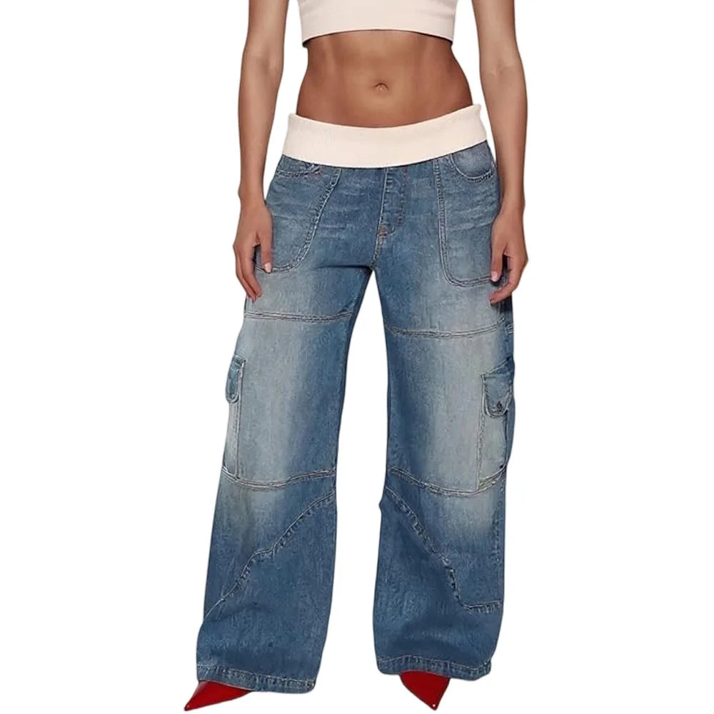 Retro Wide Leg Denim Jeans Multi Design Patchwork Cross Border D8755 Polyester Blend Comfortable Straight Cut Long Pants
