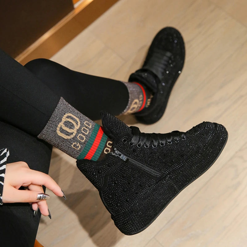 Diamond Elegant Boots and Ankle Boots for Women Winter Bottom Women's Snow Boots Round Toe Thick Bottom Warm Flashing Shoes