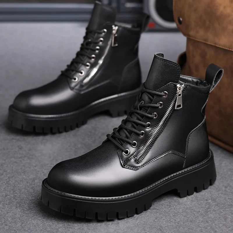 Motorcycle Boots Men's High Top Boots High Quality Mens Leather Shoes Fashion Outdoor Sneakers Men Lace Up Non-Slip Ankle Boots