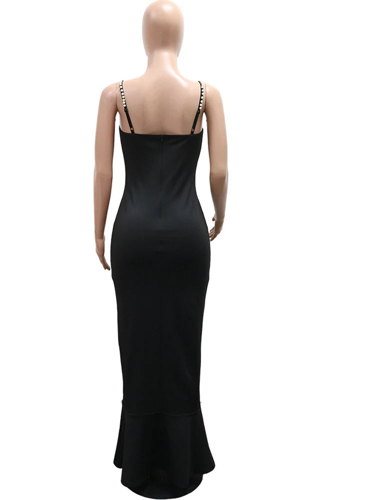 Bonnie Forest Pearl Beaded Bandage Dress Women Elegant Bodycon Sexy V Neck Mermaid Maxi Dress Party Club Outfits