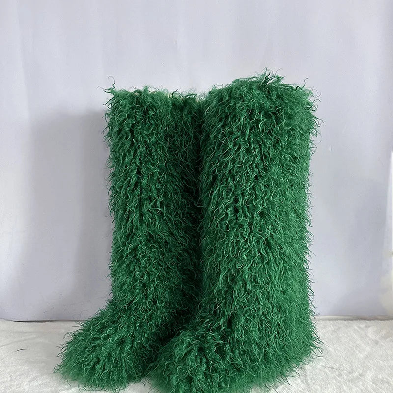 New Over The Knee Fur Boots Women Warm 72CM Long Faux Mongolian Fur Snow Boots Winter Luxury Fluffy Shoes Plush Platform Shoes