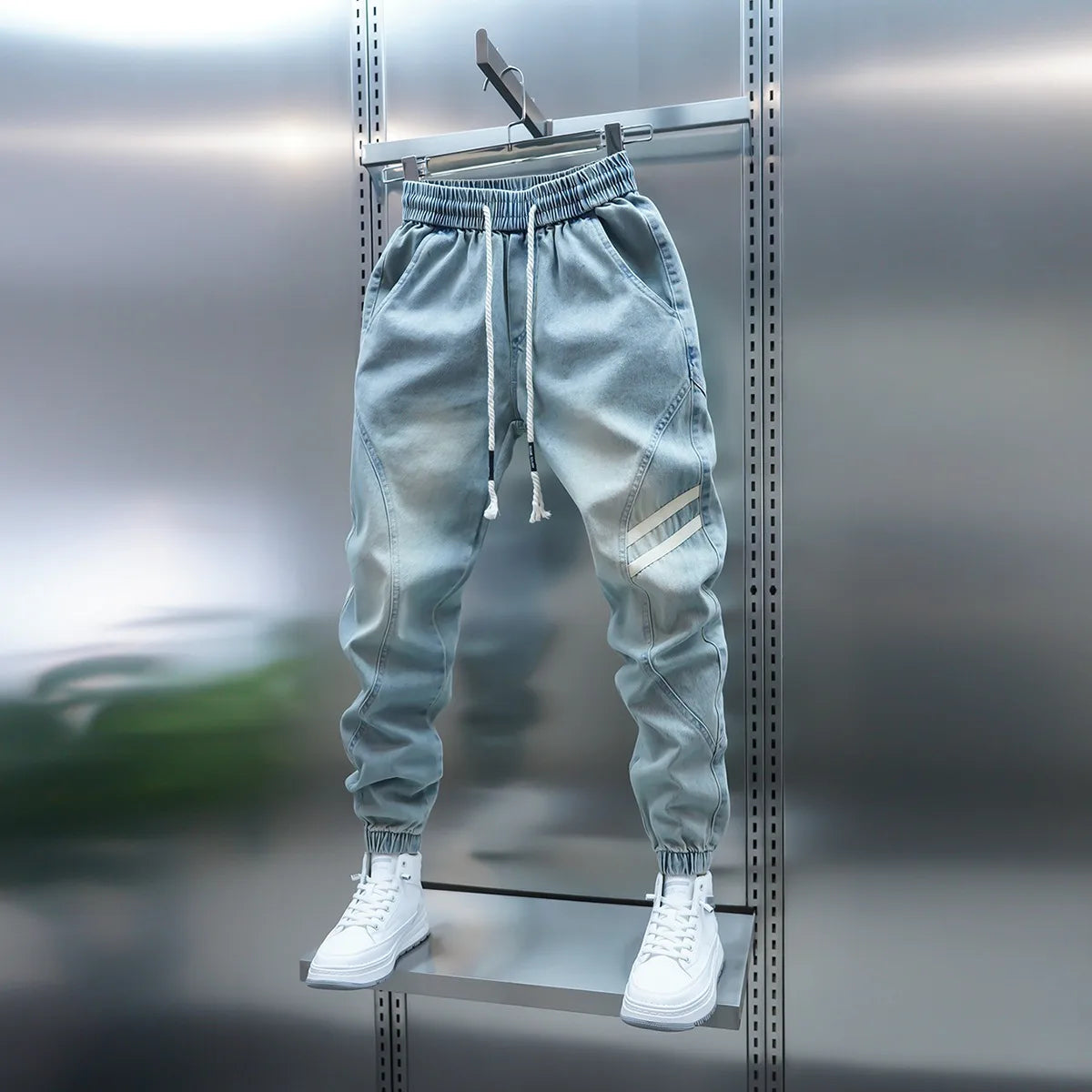 Men's Slim Fit Jeans mid Waist Elastic Waistband Casual Pants Patchwork Design Breathable Comfortable Summer Jeans