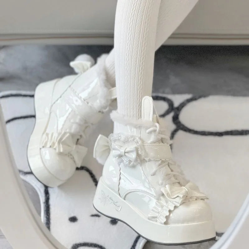 Kawaii Rabbit Tail Short Boots Women's Fleece Lined Thick Heel Lolita Snow Boots Winter Warm Cute Cotton Shoes for Women