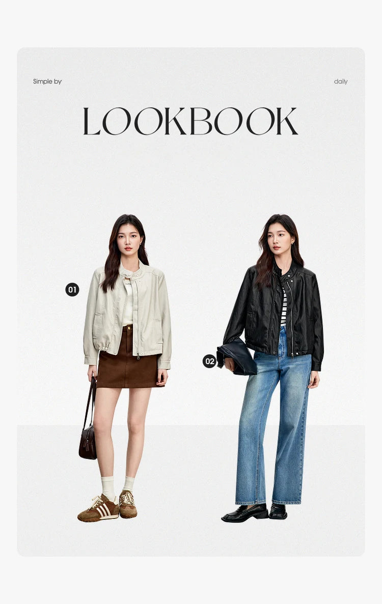 SENTUBILA Women Stand Collar Short PU Leather Jacket 2026 Autumn Winter Ladies Zipper Windproof Cropped Pu Jacket  W51G80160