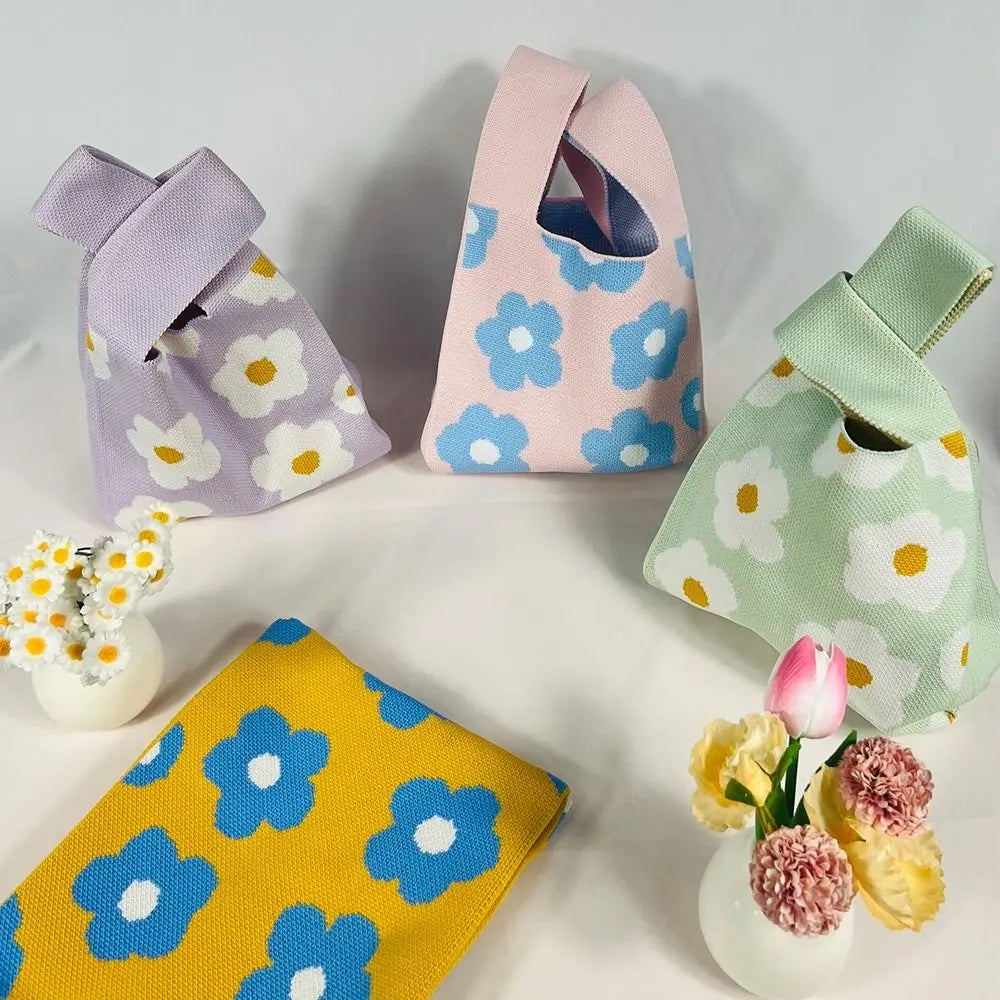 Casual Knitted Knot Wrist Bag Handmade Flower Embroidery Tote Bag Large Capacity Shopping Bags Women Girls