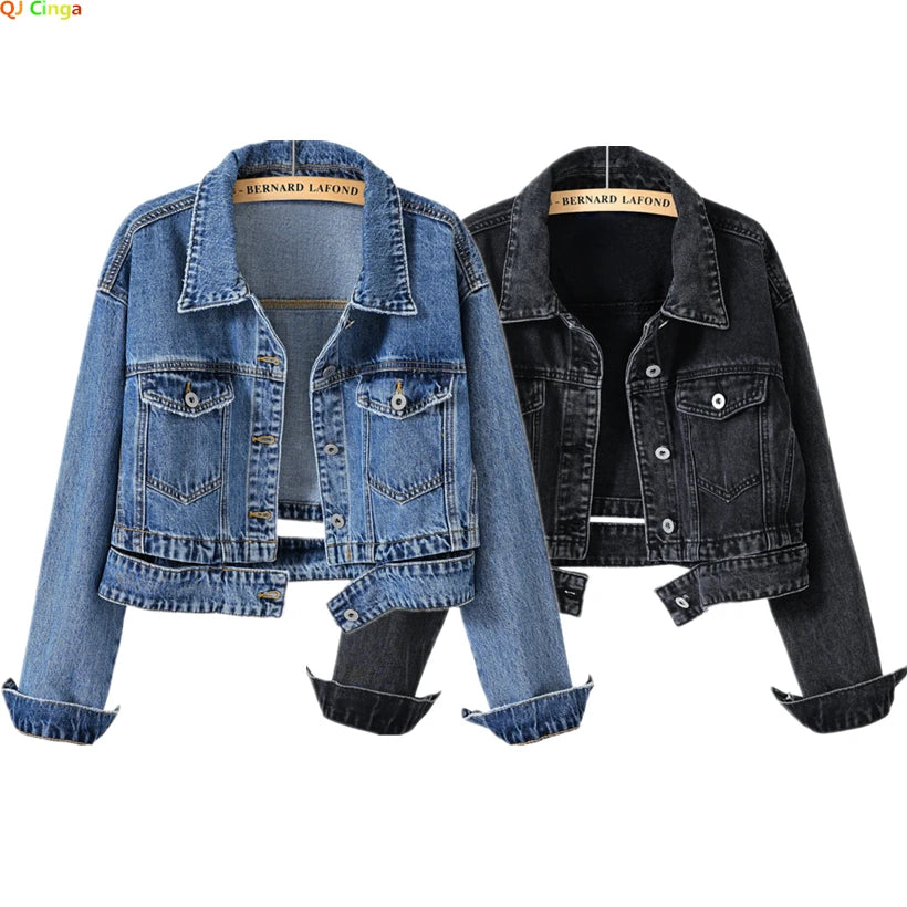2026 Women's Blue Shorts Denim Jacket, Fashion Casual Coat Black Lapel Single-breasted Long-sleeved Female Overcoat S-XXXL