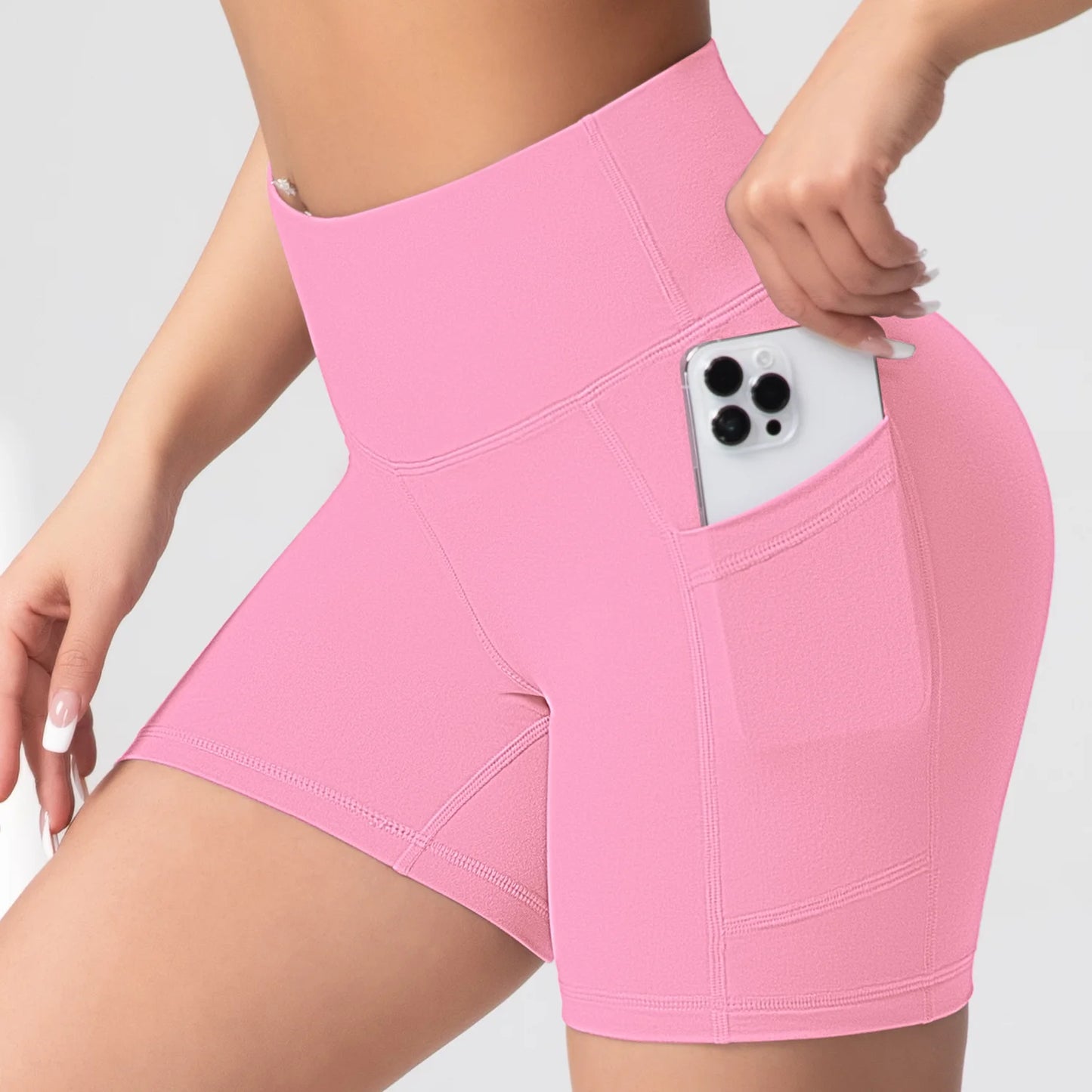 CHRLEISURE Yoga Shorts with Pockets High Waist Butt Lifting Cycling Tight Elastic Slim Running Fitness Women Shorts Sportswear