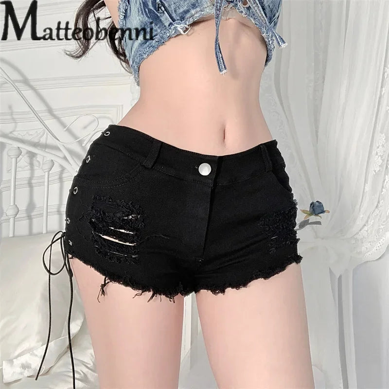 Sexy Hollow Out Lace-up Patchwork Cloth Ultra-short Shorts Ladies Nightclub Wear Women High Waist Denim Three Quarter Pants New