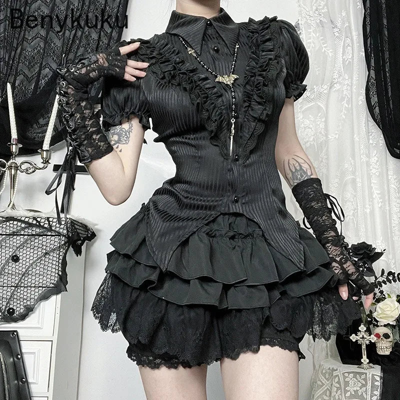 Gothic Punk Girls Kawaii High Waist Shorts Skirts Lolita Vintage Lace Ruffles Shorts Y2k E-girl Black Women Pumpkin Bloomers
