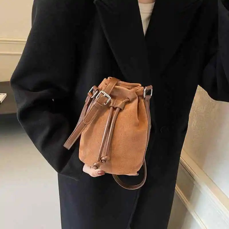 Suede Phone Bag For Women Autumn Winter Drawstring Brown Crossbody Bags Retro Versatile Commuting Mini One Shoulder Purse