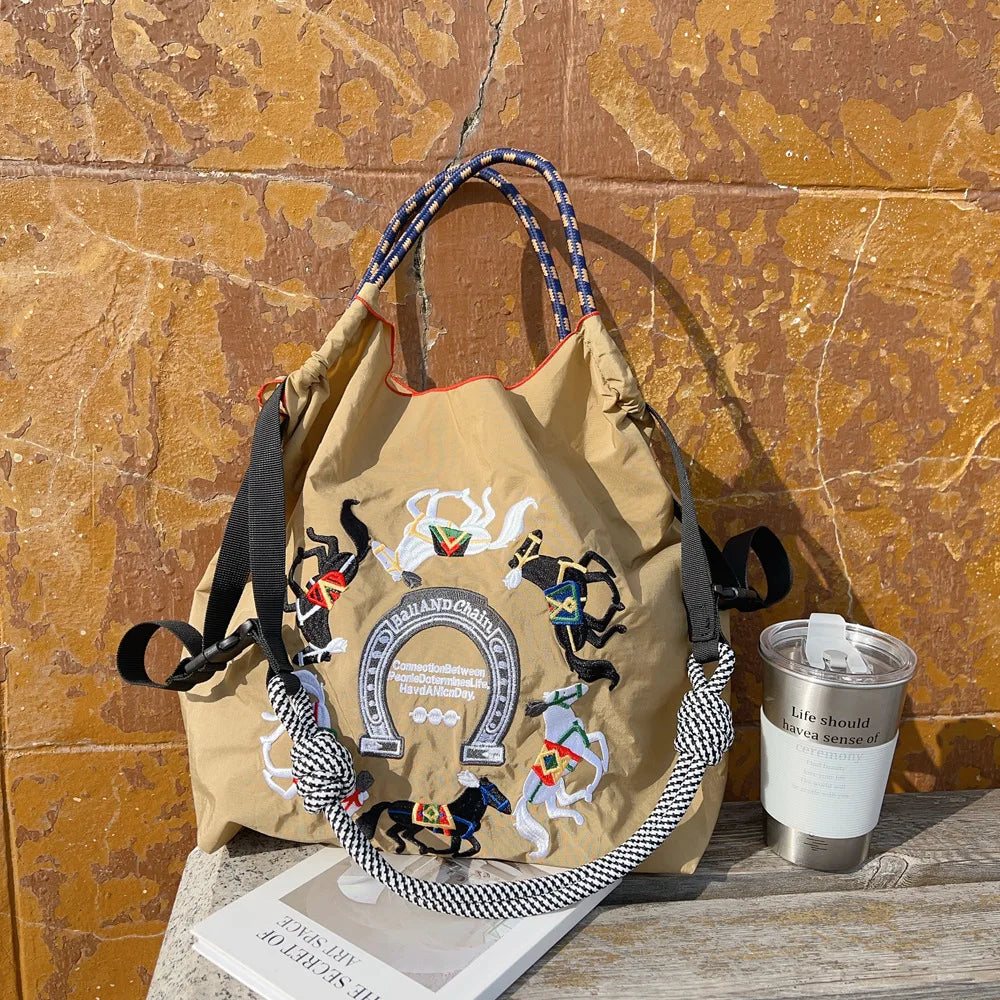 Large Medium Embroidered Shopping Bag, Casual Handheld Simple Large Capacity Shoulder Bag Shoulder Straps Included