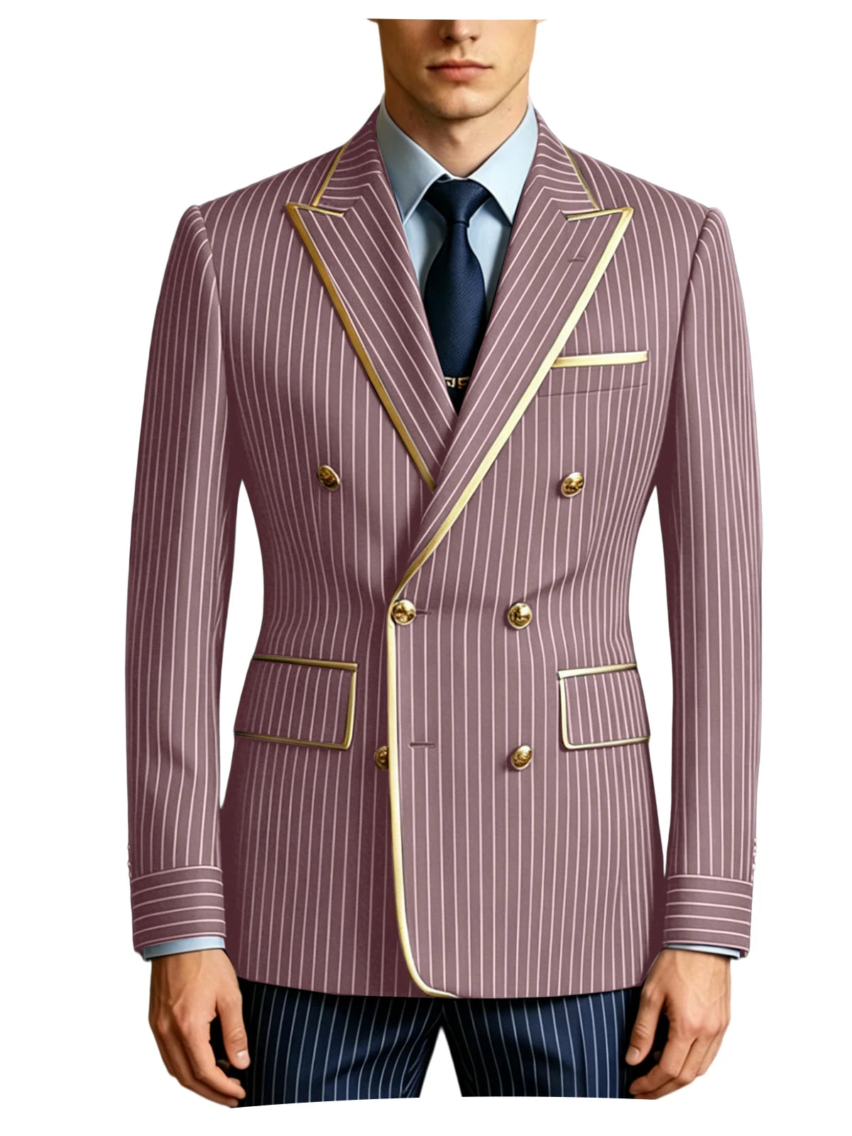 Men's Double Breasted Pinstripe Blazer Slim Fit Formal Business Suit Jacket Luxury Gold Trim  Tuxedo for Wedding Party Office