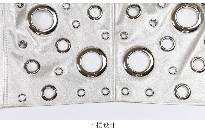 Nerazzurri Spring Autumn Short Hollow Out Pu Leather Jacket Women Rivet Cool Stylish Luxury Designer Clothes Runway Fashion 2024