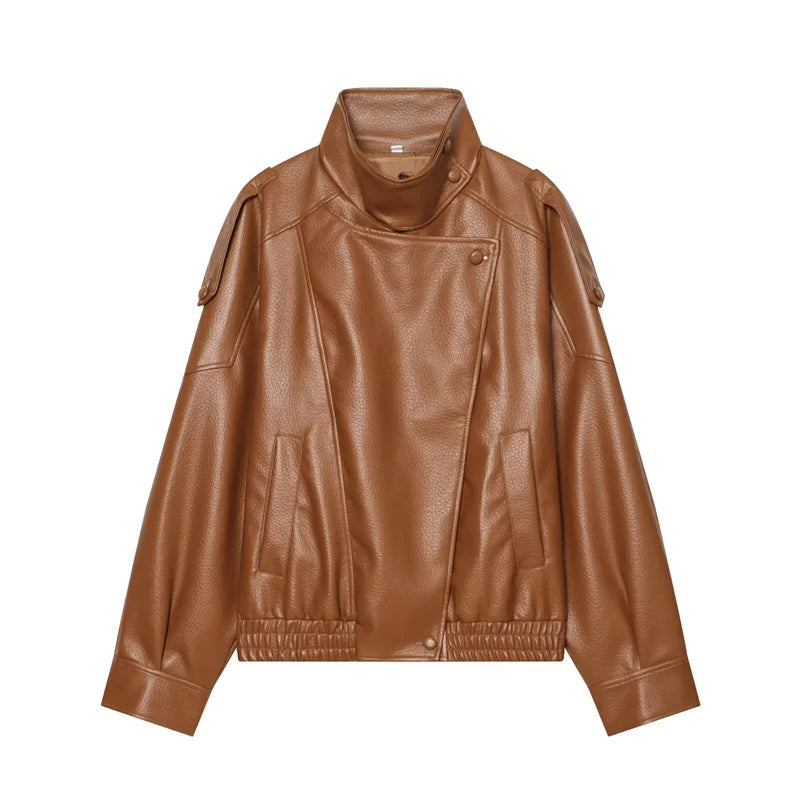 Women's Jacket 2026 Autunm  New Black Long Sleeve Pebble Faux Leather Jacket Motorcycle Style Personality Fashion