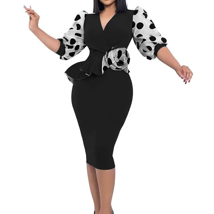 Elegant Dot Mesh Stitching V-neck Puff Sleeve Floral Appliques Bodycon Dress Women Ruffles Waist OL Even Party Dresses Vestidos
