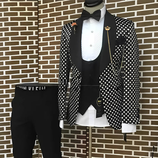 Spotted Men's Suit 3 Piece Set Wedding Groom Tuxedo Custom Slim Fit Blazer Pants Vest Men's Elegant Suit