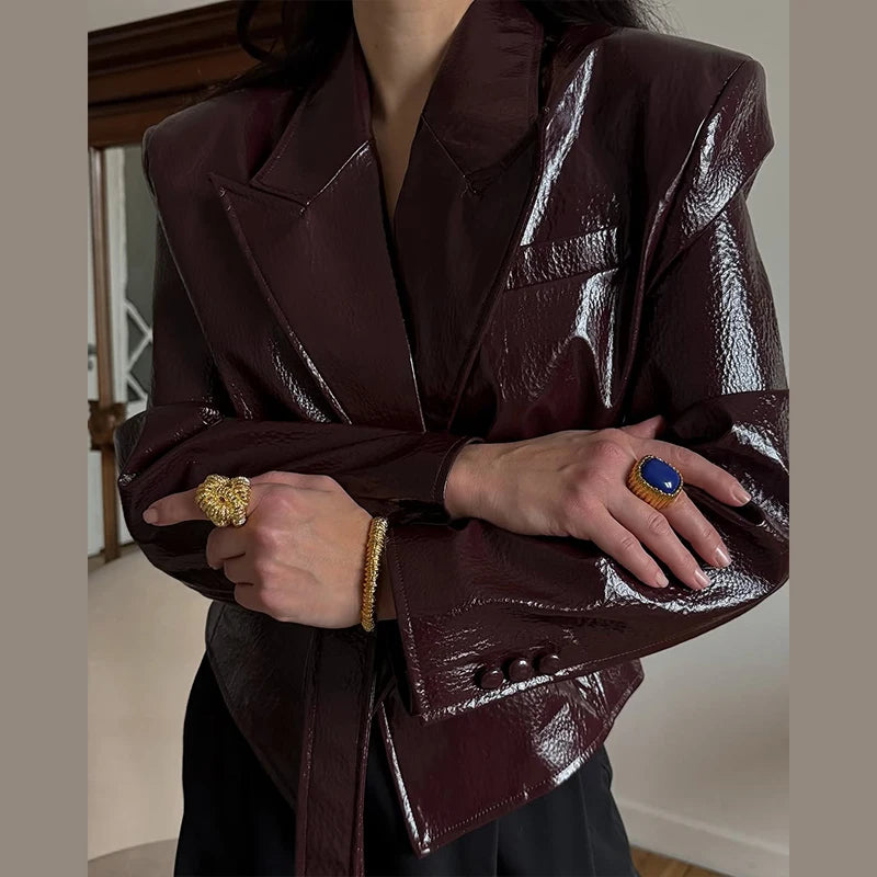 Glossy Lace-up Leather Jackets 2026 Autumn Female Lapel Shoulder Pad Full Sleeve Short Coat Women's Slim Waist-cinching Outwear