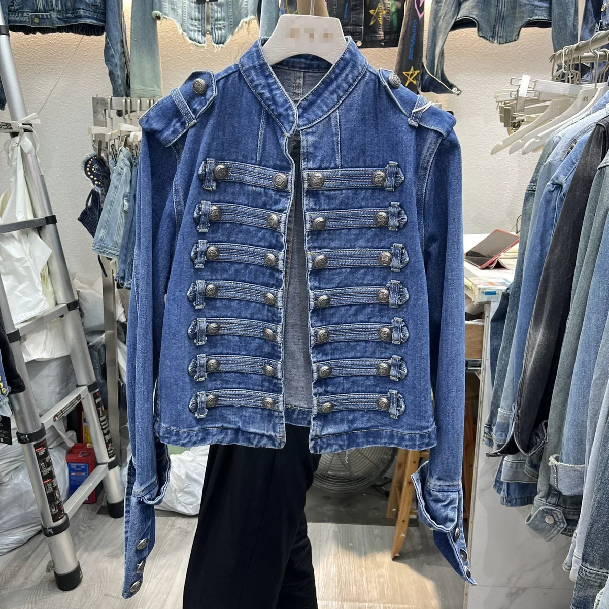Vintage Denim Military Jacket Women Retro Solid Round Neck Single Breasted Slim Short Jackets 2026 Lady Daily Street Outerwears