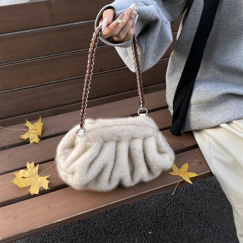MOODS Pleated Design Faux Fur Shoulder Bags For Women 2024 Luxury Designer Purses And Handbags Winter Warm Soft Plush Hobo Bags