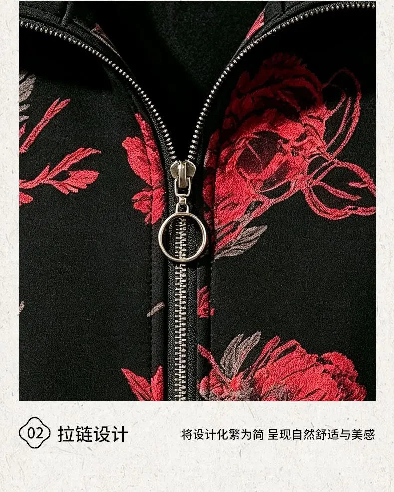 Womens Mom Floral Print Zip Up Jacket Lapel Collar Casual Loose Outerwear For Middle Aged Ladies