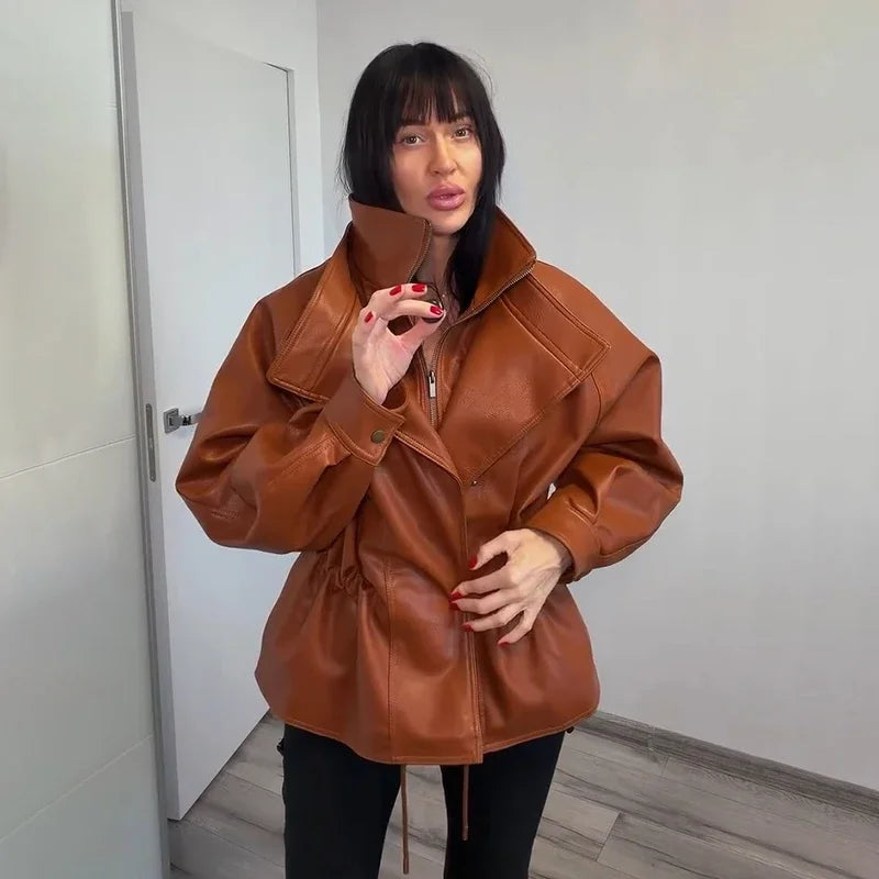 Fashion Solid Faux Leather Women's Jacket  Lapel Waist Cinching Loose Long Sleeves Coat Chic 2026 Spring Autumn New Street Wear