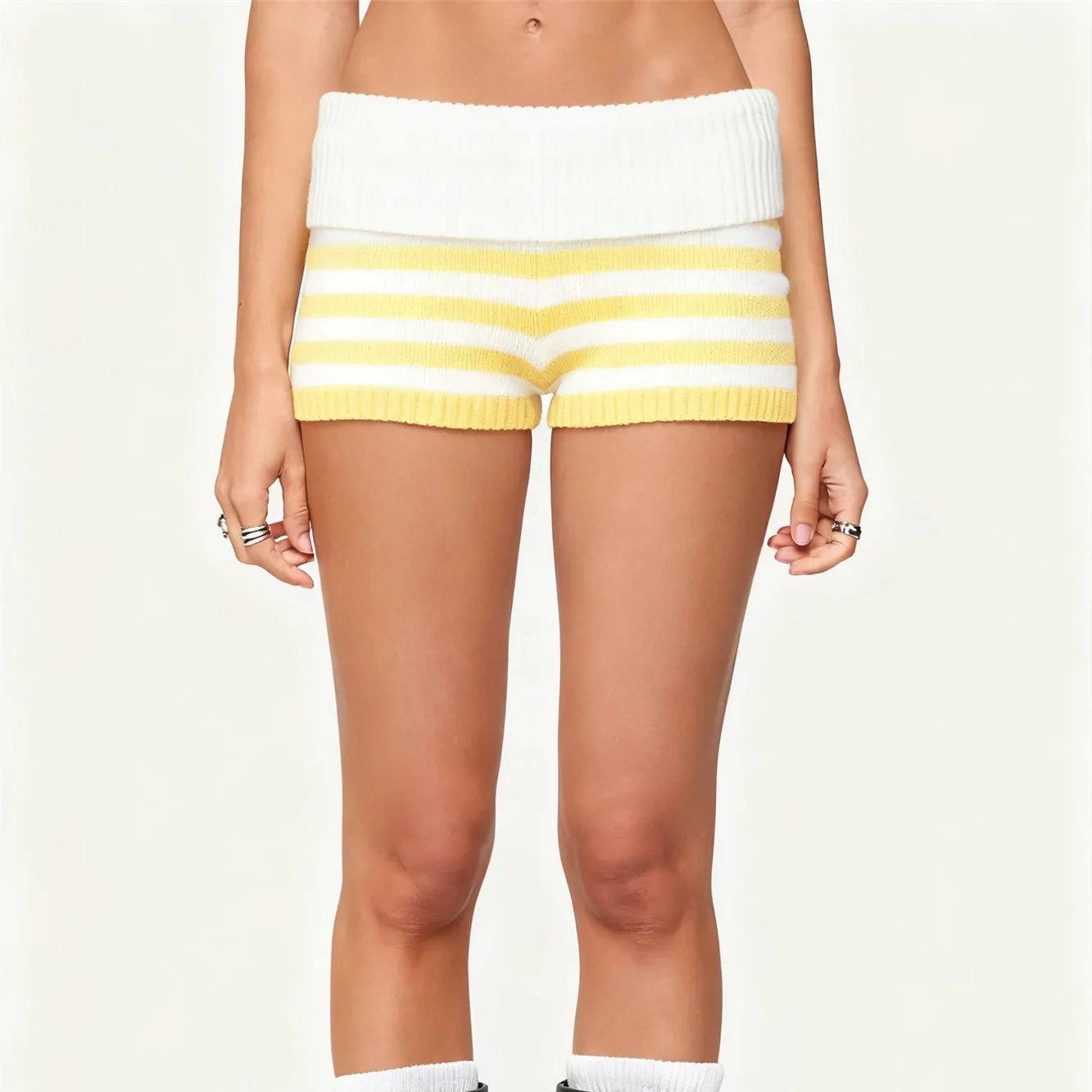 Women Striped Knit Micro Shorts Summer Fold Over Elastic Waist Slim Fit Mini Bottom Y2k Lounge Sweater Shorts Holiday Beachwear