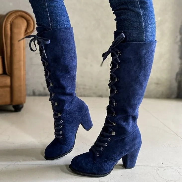 Winter Women Boots Shoes Fashion Vintage Lace-up Boots Women Round Cowboy High Heels Booties Shoes Woman Botas Mujer